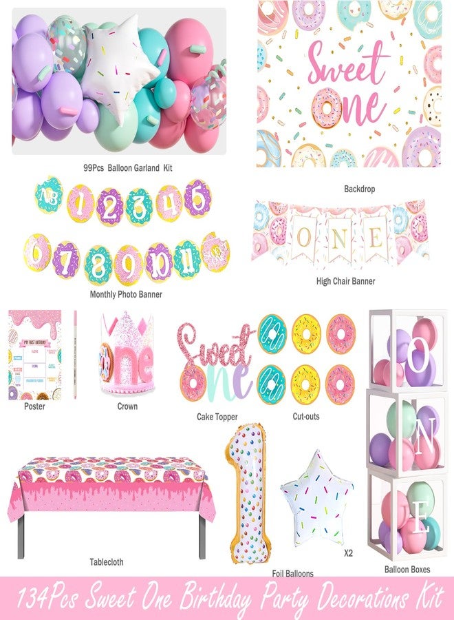 Fiesec Sweet One Birthday Decoration for Girl - 128 PCs Donut Themed 1st Birthday Party Supplies, Party Backdrop, Balloon Boxes, Banner, Donut Foil Balloons, Highchair Banner - Image 2